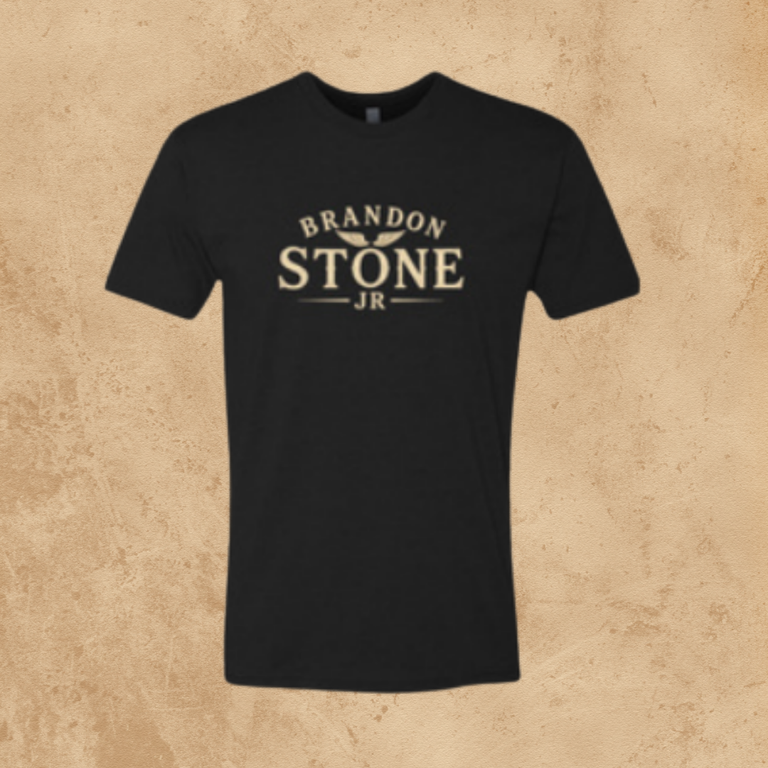 Black Next Level t-shirt with the large cream Brandon Stone Jr. logo printed across the front